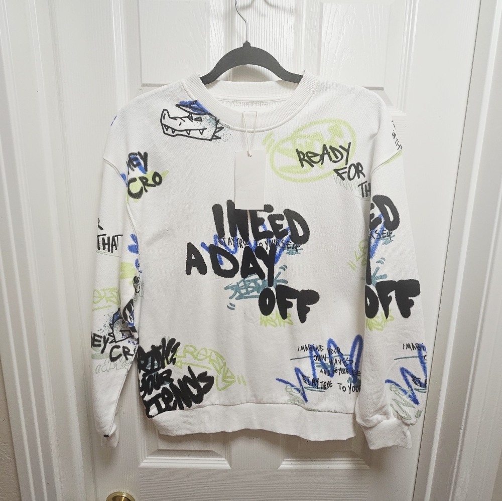 Kids Ivory Graffiti Sweatshirt “I Need a Day Off” Size 13-14 Years NWT ZARA - Picture 2 of 7